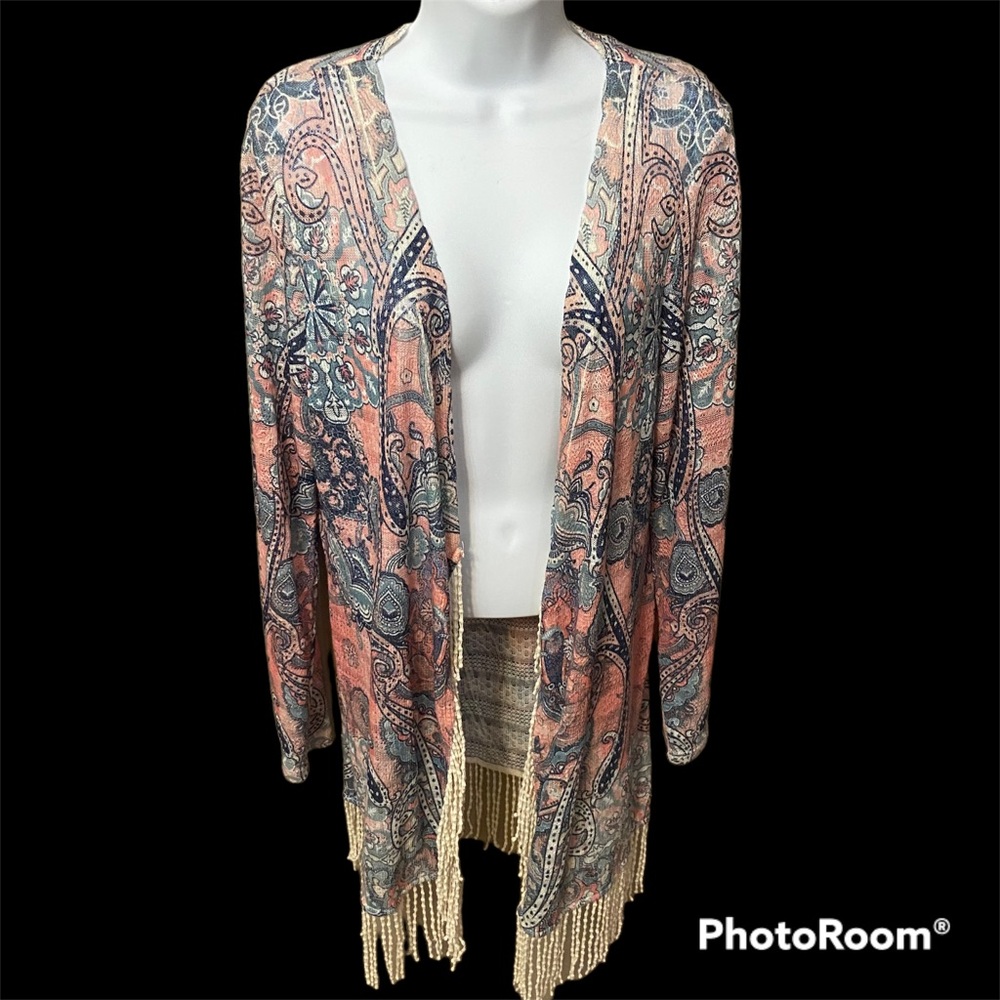 Pastel Fringe Hem Light Weight Womens Cardigan Excellent Used Condition- Size L